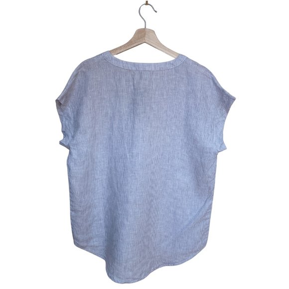 Adrienne Vittadini 100% Linen Blue White Striped Chambray Cap Sleeve Top Size M - Picture 10 of 14